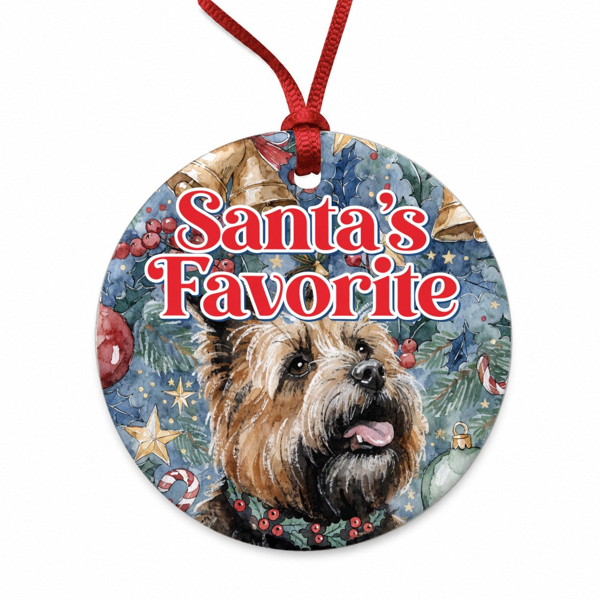 Cairn Terrier Dog Christmas Santa's Favorite Round Ceramic Holiday Christmas Tree Ornament