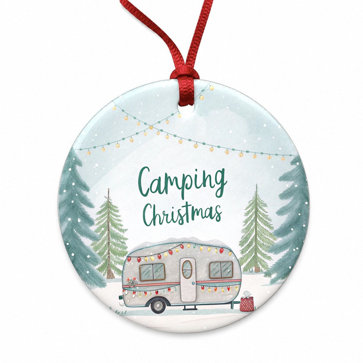 Camping Camper Christmas Round Ceramic Holiday Christmas Tree Ornament