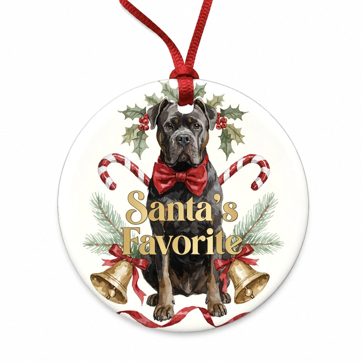 Cane Corso Dog Christmas Santa's Favorite Round Ceramic Holiday Christmas Tree Ornament