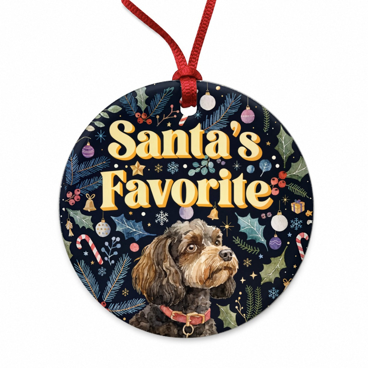 Cavapoo Dog Christmas Santa's Favorite Round Ceramic Holiday Christmas Tree Ornament