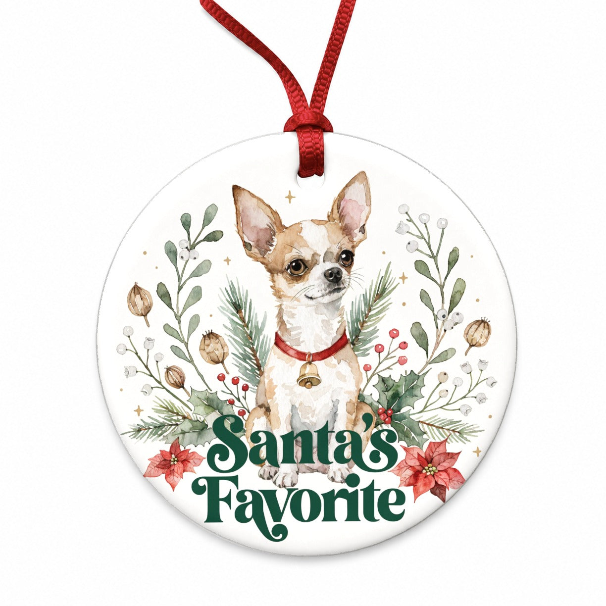 Chihuahua Dog Christmas Santa's Favorite Round Ceramic Holiday Christmas Tree Ornament
