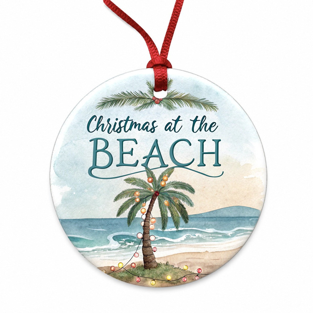 Christmas At The Beach Ocean Palm Tree Round Ceramic Holiday Christmas Tree Ornament