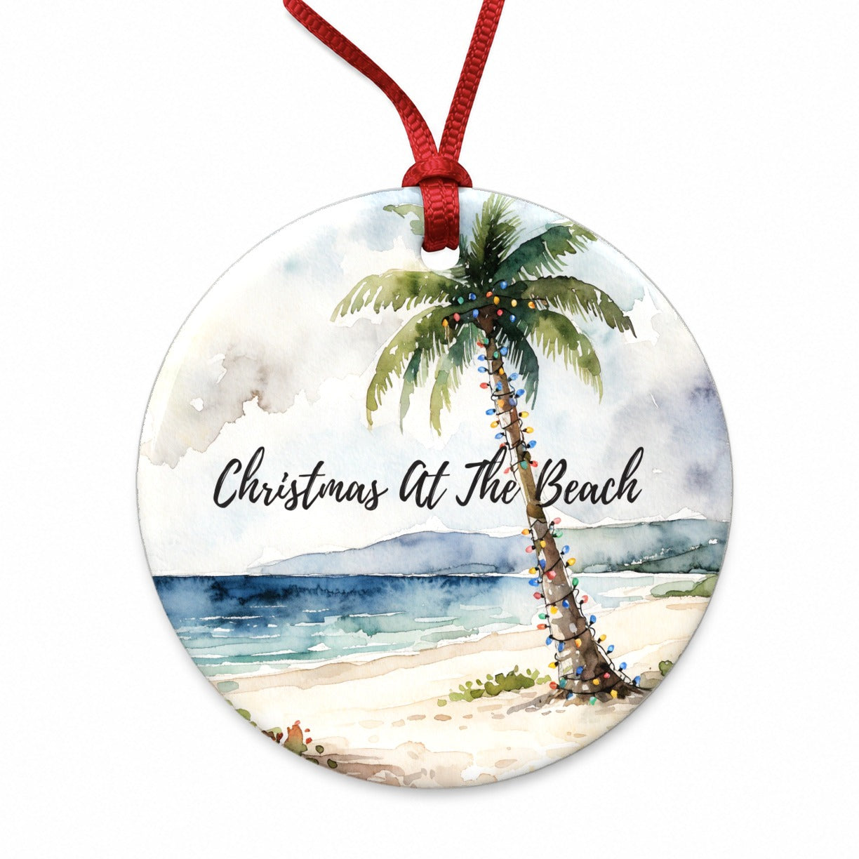 Christmas At The Beach Palm Tree Round Ceramic Holiday Christmas Tree Ornament