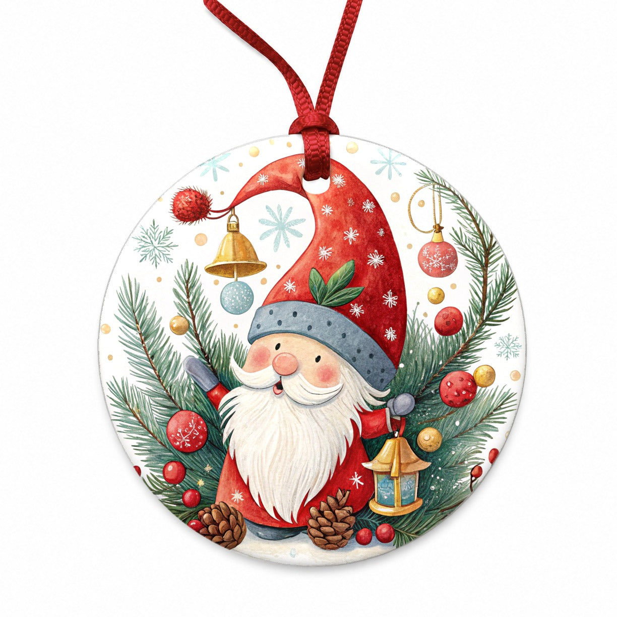 Christmas Gnome Colorful Round Ceramic Holiday Christmas Tree Ornament