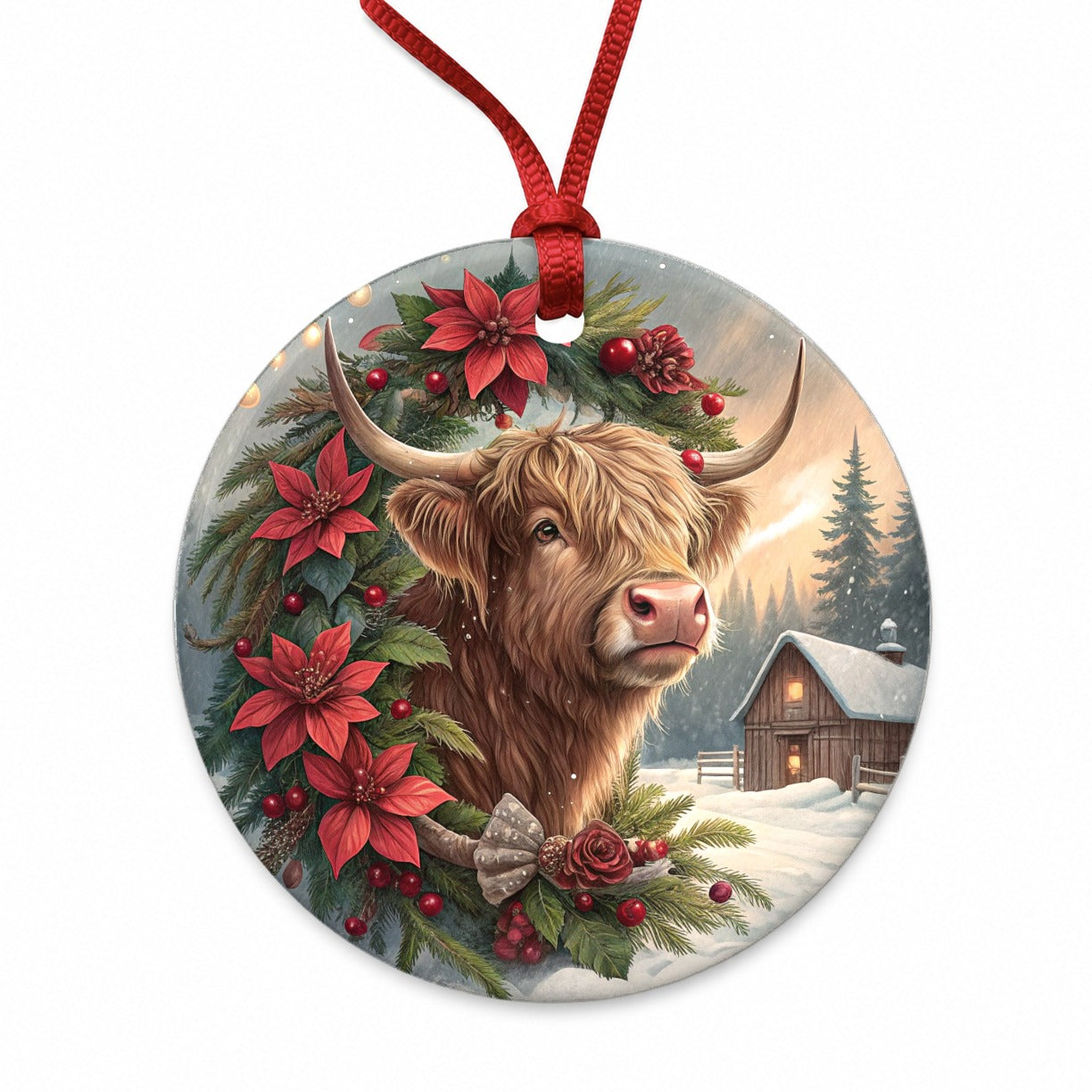 Christmas Highland Cow Barn Round Ceramic Holiday Christmas Tree Ornament