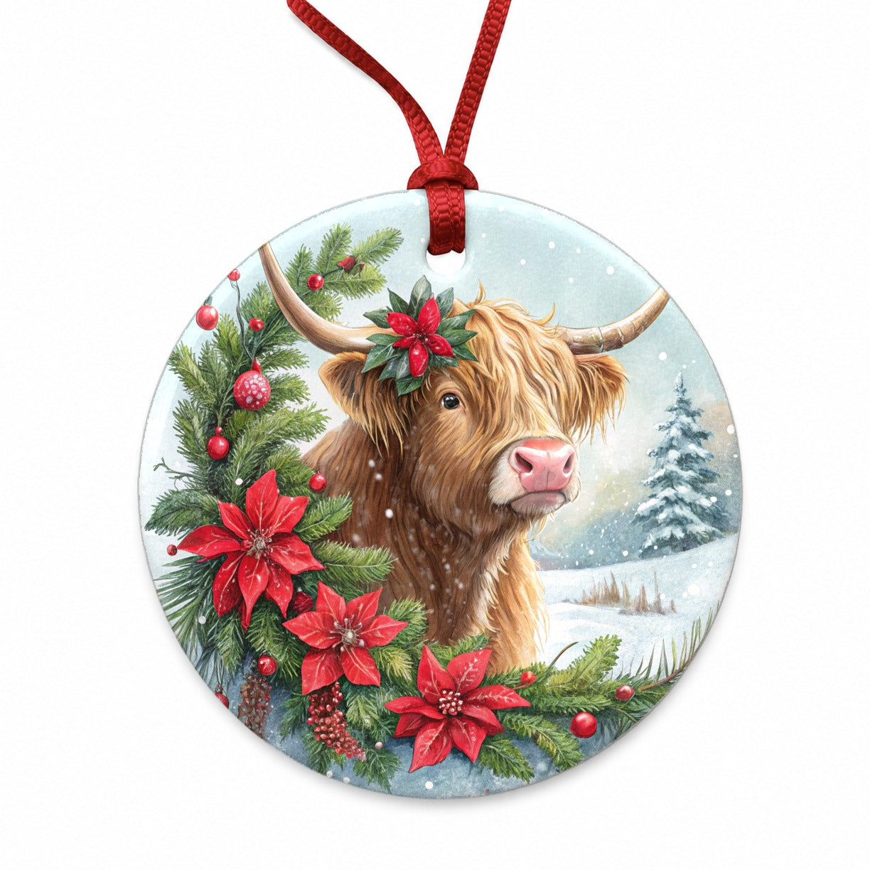 Christmas Highland Cow Round Ceramic Holiday Christmas Tree Ornament