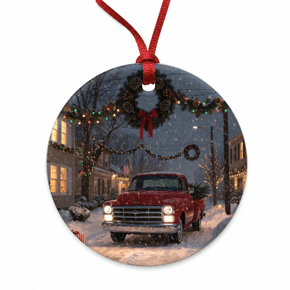 Christmas Red Truck Snow Round Ceramic Holiday Christmas Tree Ornament