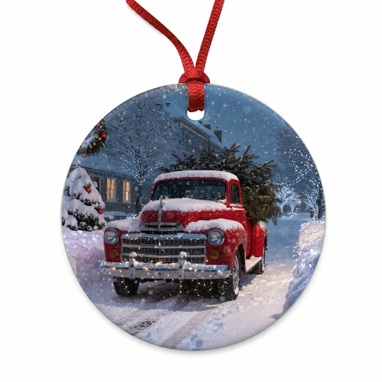 Christmas Tree In Red Truck Round Ceramic Holiday Christmas Tree Ornament