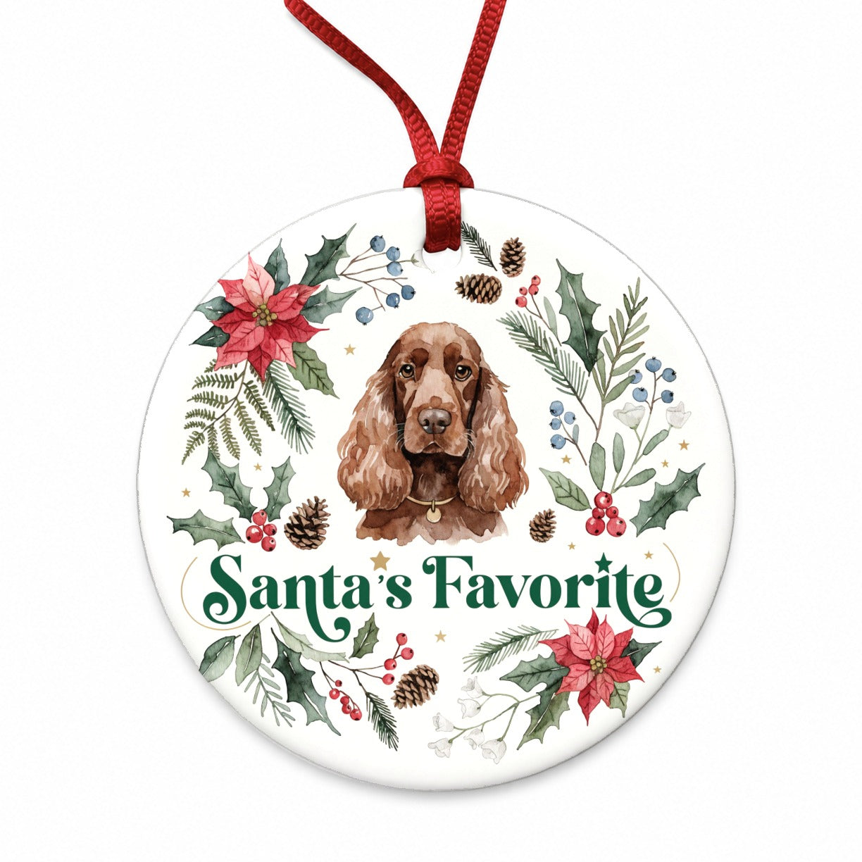 Cocker Spaniel Dog Christmas Santa's Favorite Round Ceramic Holiday Christmas Tree Ornament