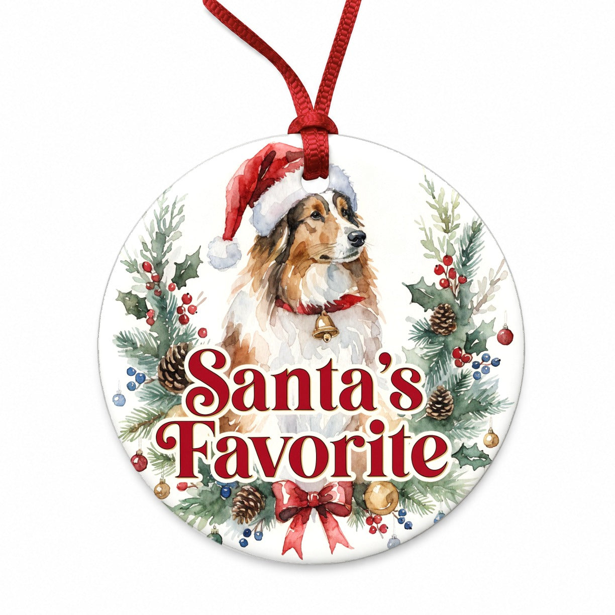 Collie Dog Christmas Santa's Favorite Round Ceramic Holiday Christmas Tree Ornament