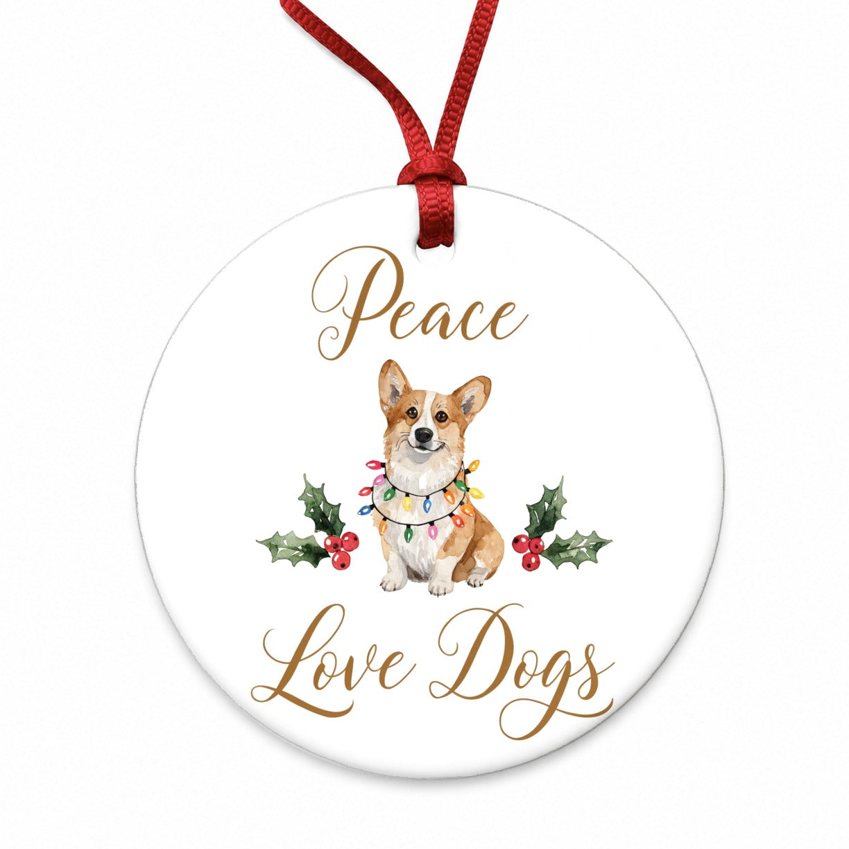 Corgi Christmas Sitting Peace Love Dogs Round Ceramic Holiday Christmas Tree Ornament