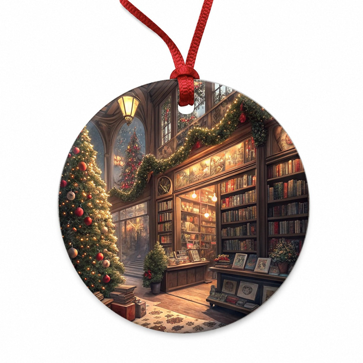 Cozy Christmas Bookstore Library Round Ceramic Holiday Christmas Tree Ornament