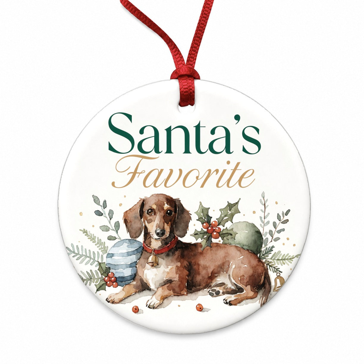 Dachshund Dog Christmas Santa's Favorite Round Ceramic Holiday Christmas Tree Ornament