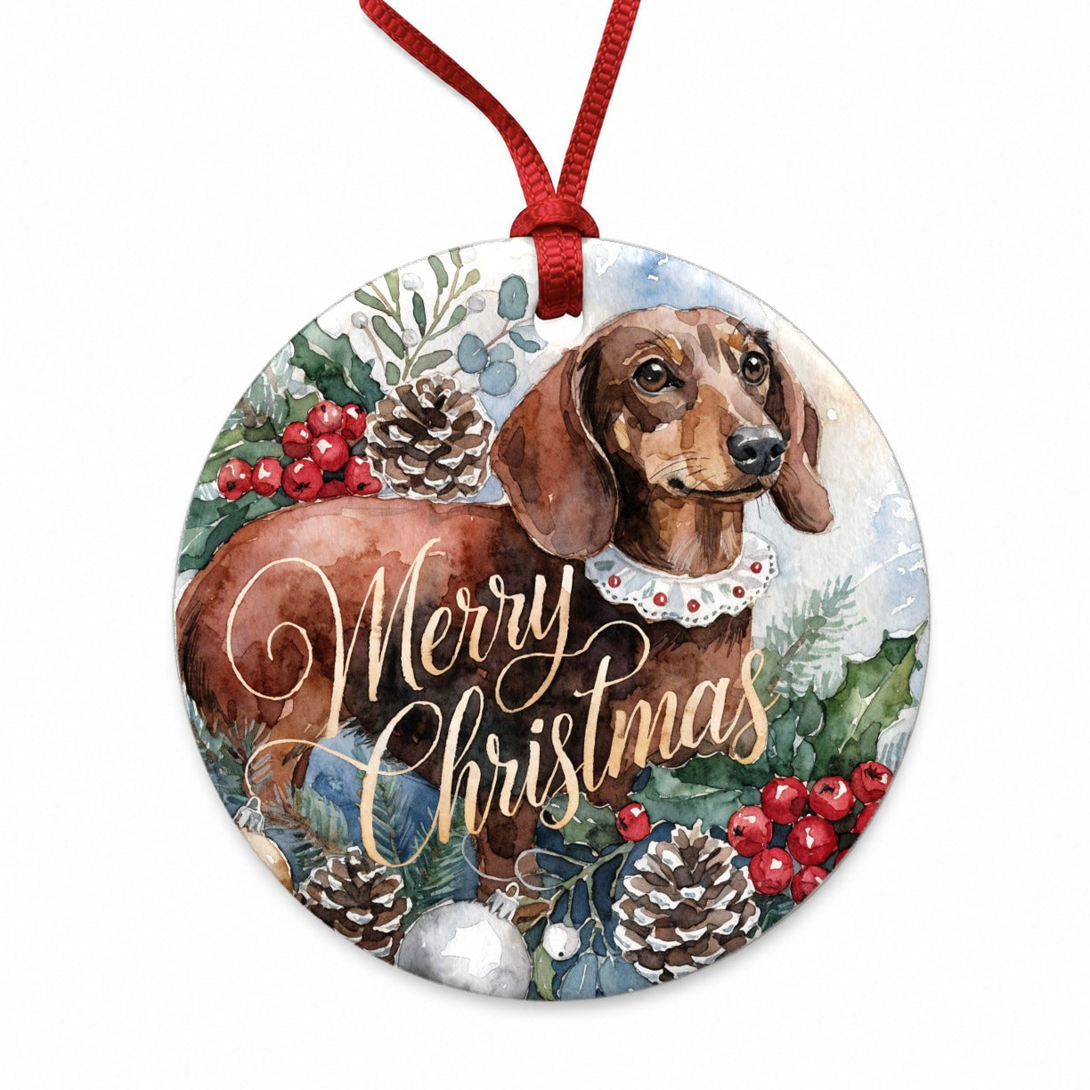 Dachshund Dog Merry Christmas Round Ceramic Holiday Christmas Tree Ornament