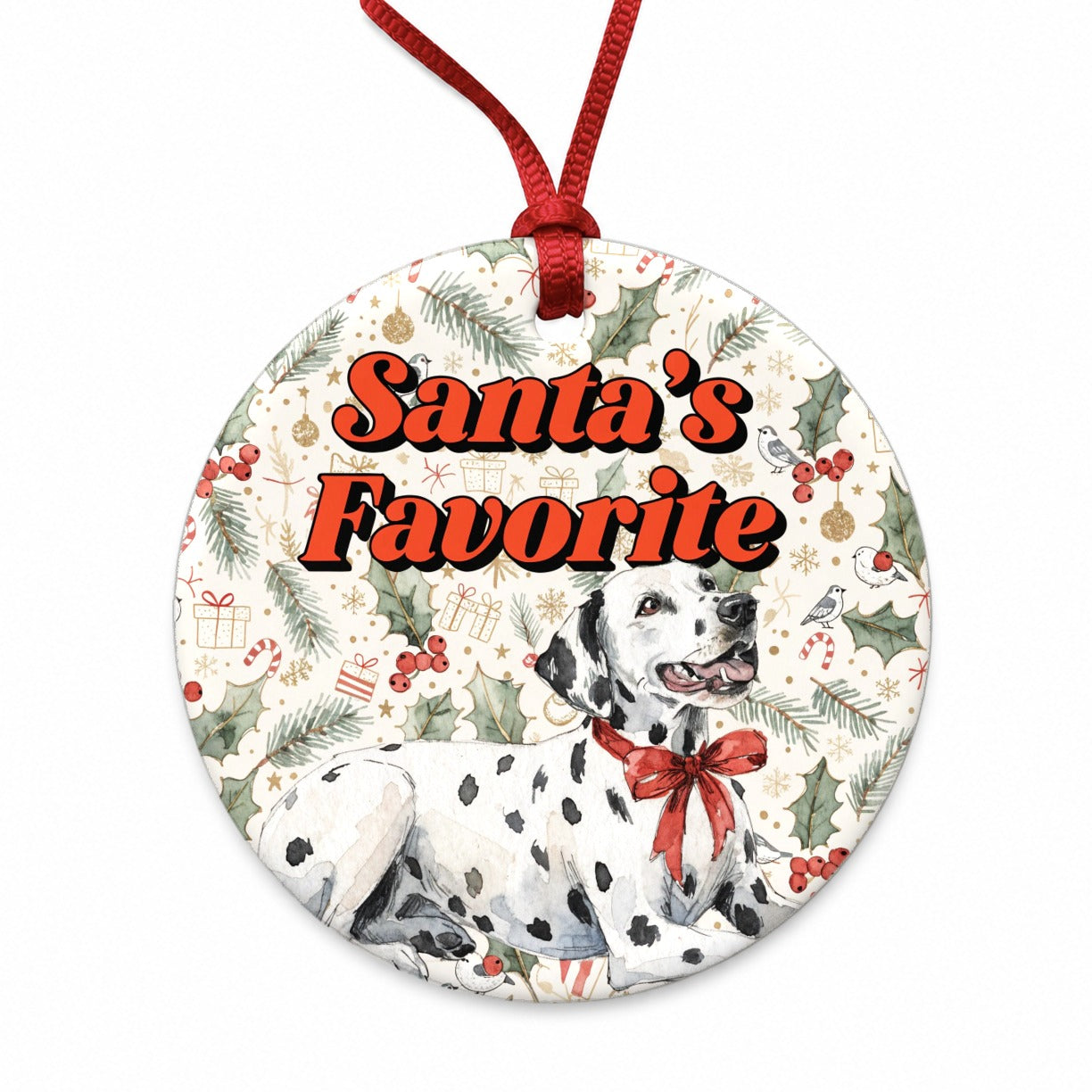 Dalmatian Dog Christmas Santa's Favorite Round Ceramic Holiday Christmas Tree Ornament