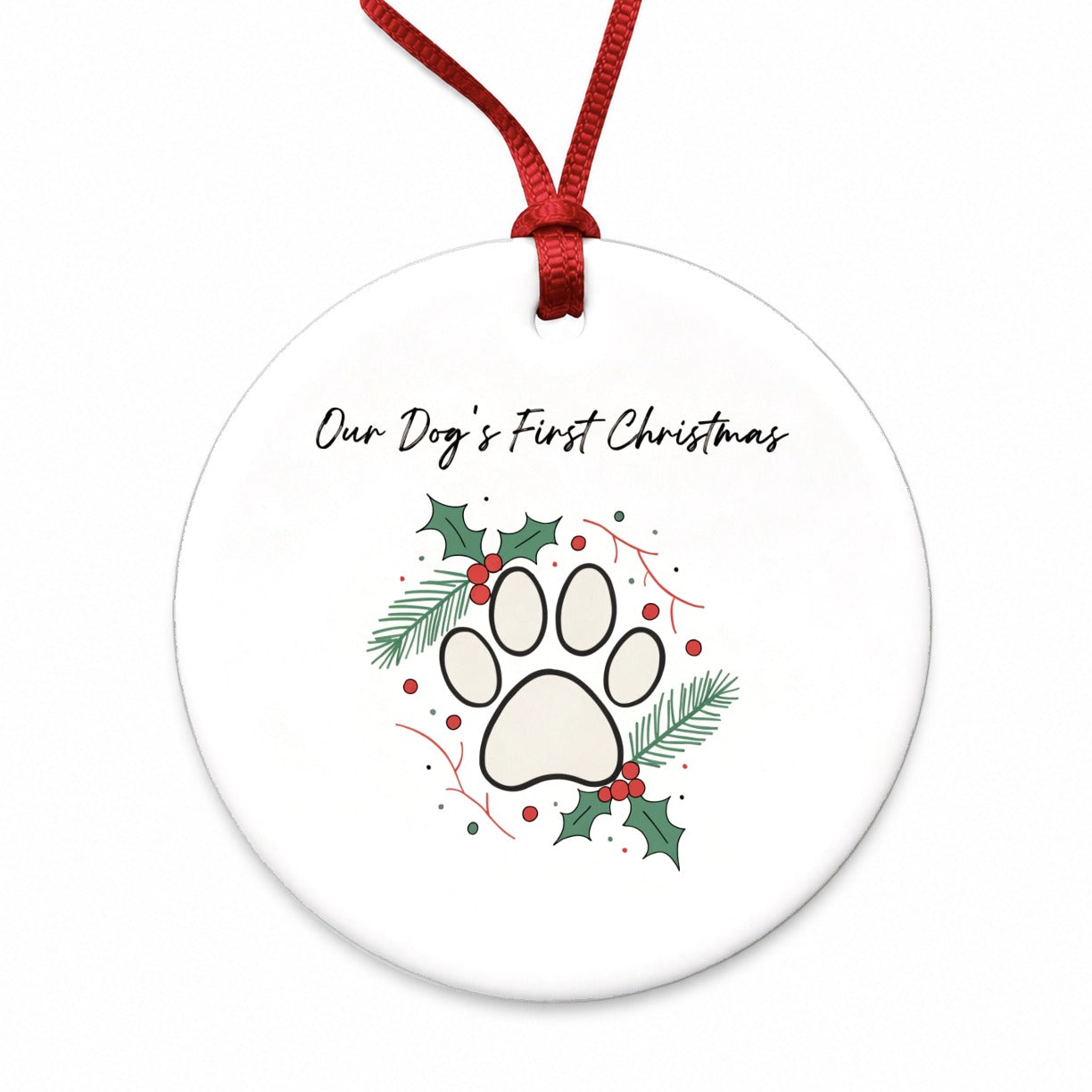 Dog's First Christmas Paw Print Round Ceramic Holiday Christmas Tree Ornament