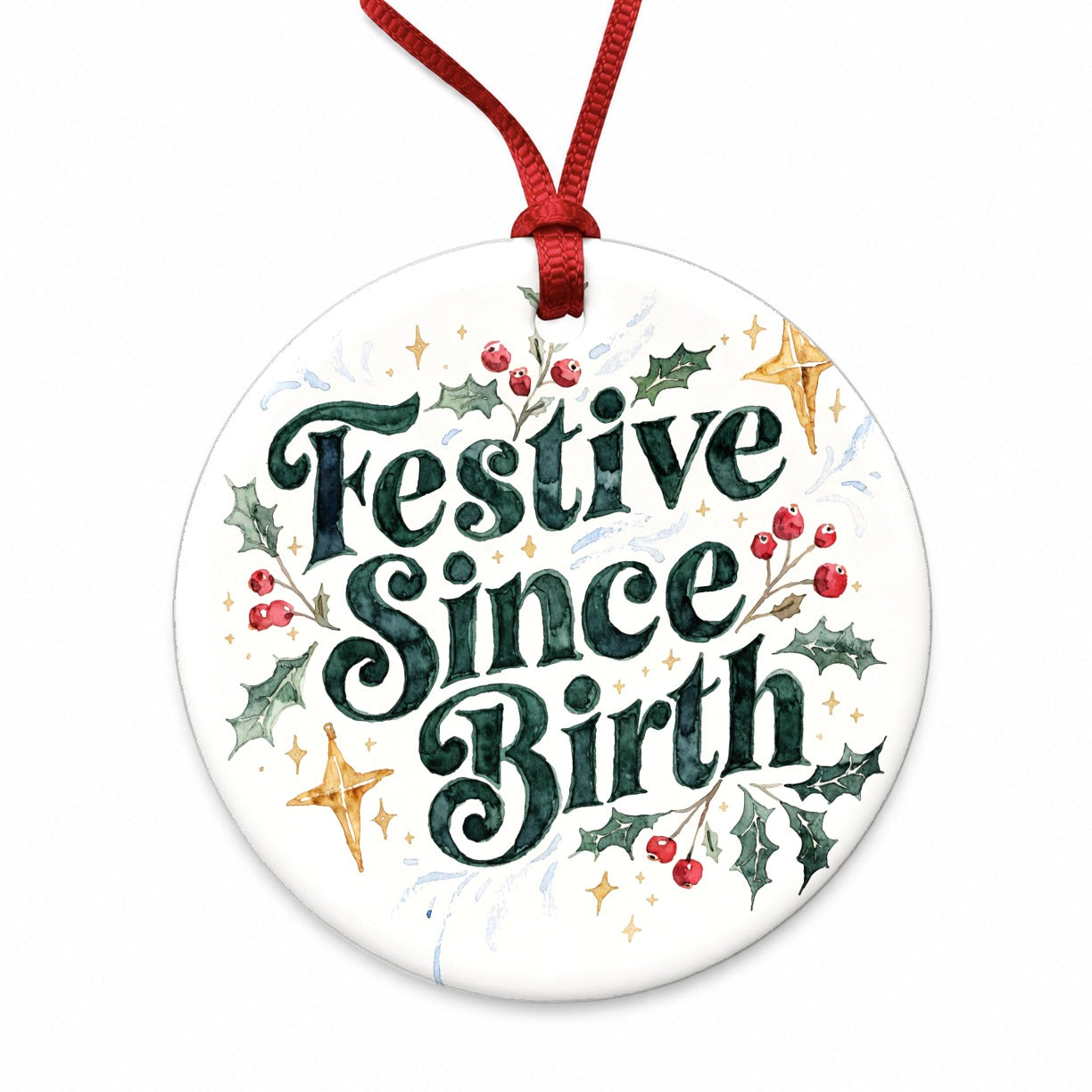 Festive Since Birth Christmas Script Round Ceramic Holiday Christmas Tree Ornament