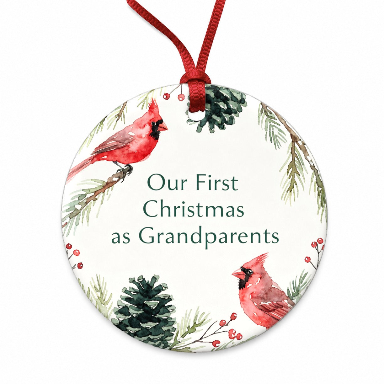 First Christmas As Grandparents Cardinal Birds Round Ceramic Holiday Christmas Tree Ornament