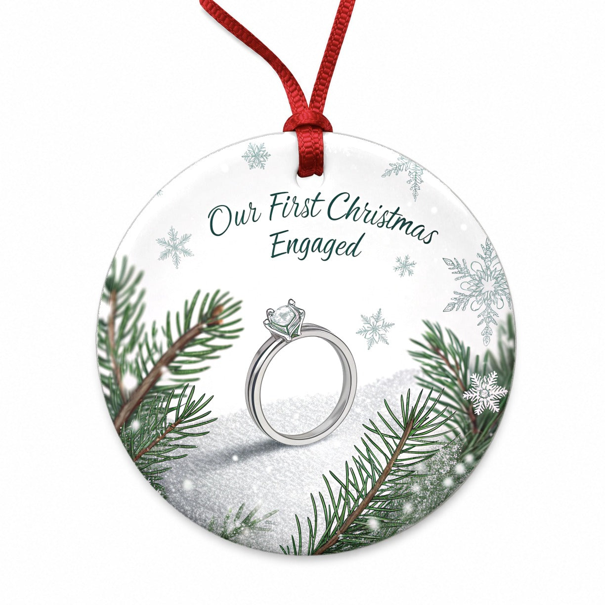 First Christmas Engaged Engagement Ring Round Ceramic Holiday Christmas Tree Ornament