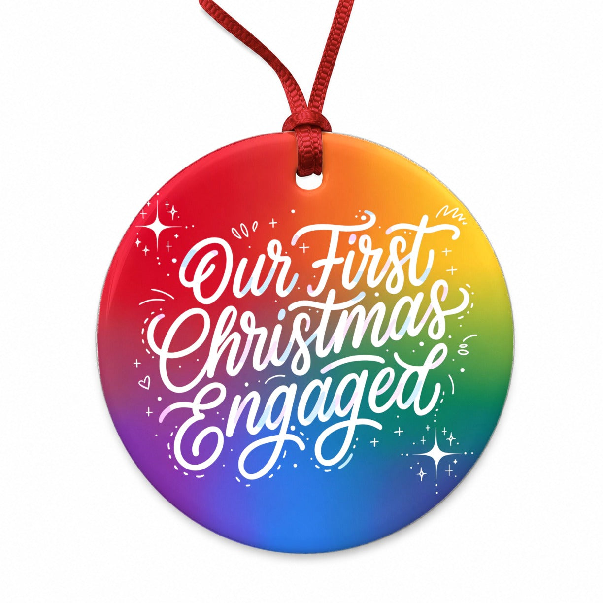First Christmas Engaged Pride LGBTQ Rainbow Round Ceramic Holiday Christmas Tree Ornament