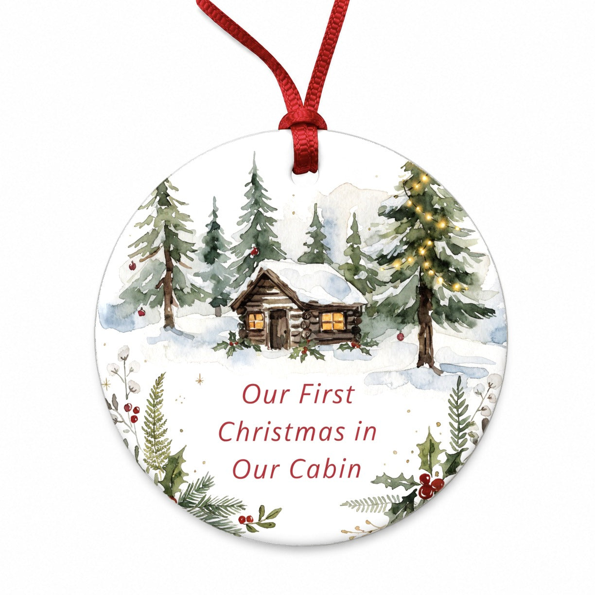 First Christmas In Our Cabin Cute Round Ceramic Holiday Christmas Tree Ornament