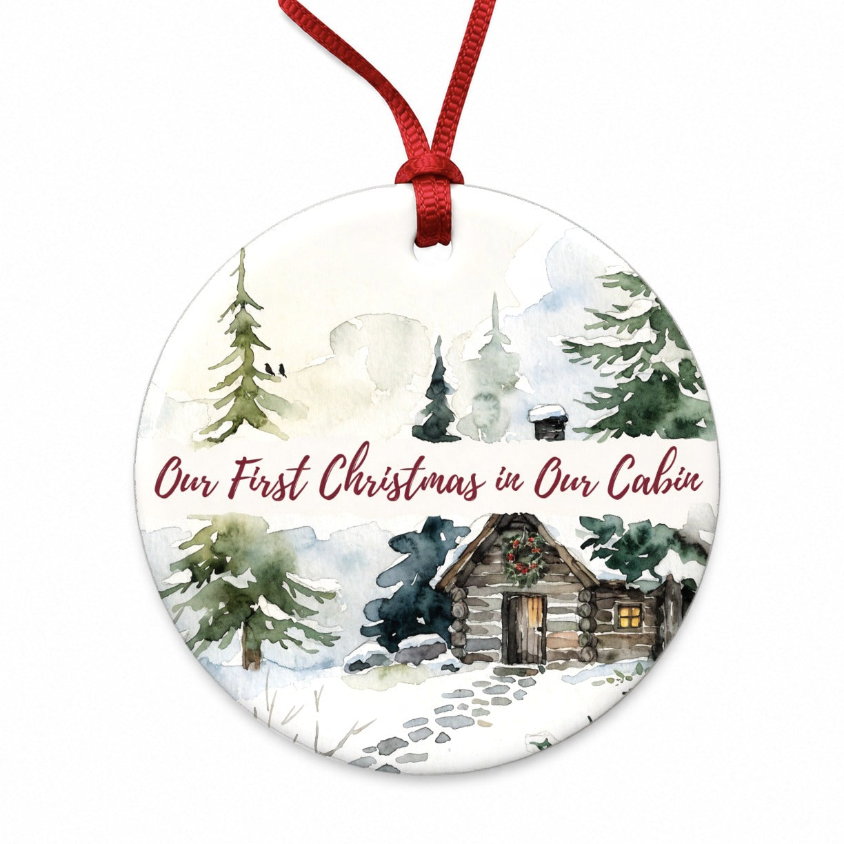 First Christmas In Our Cabin Script Round Ceramic Holiday Christmas Tree Ornament