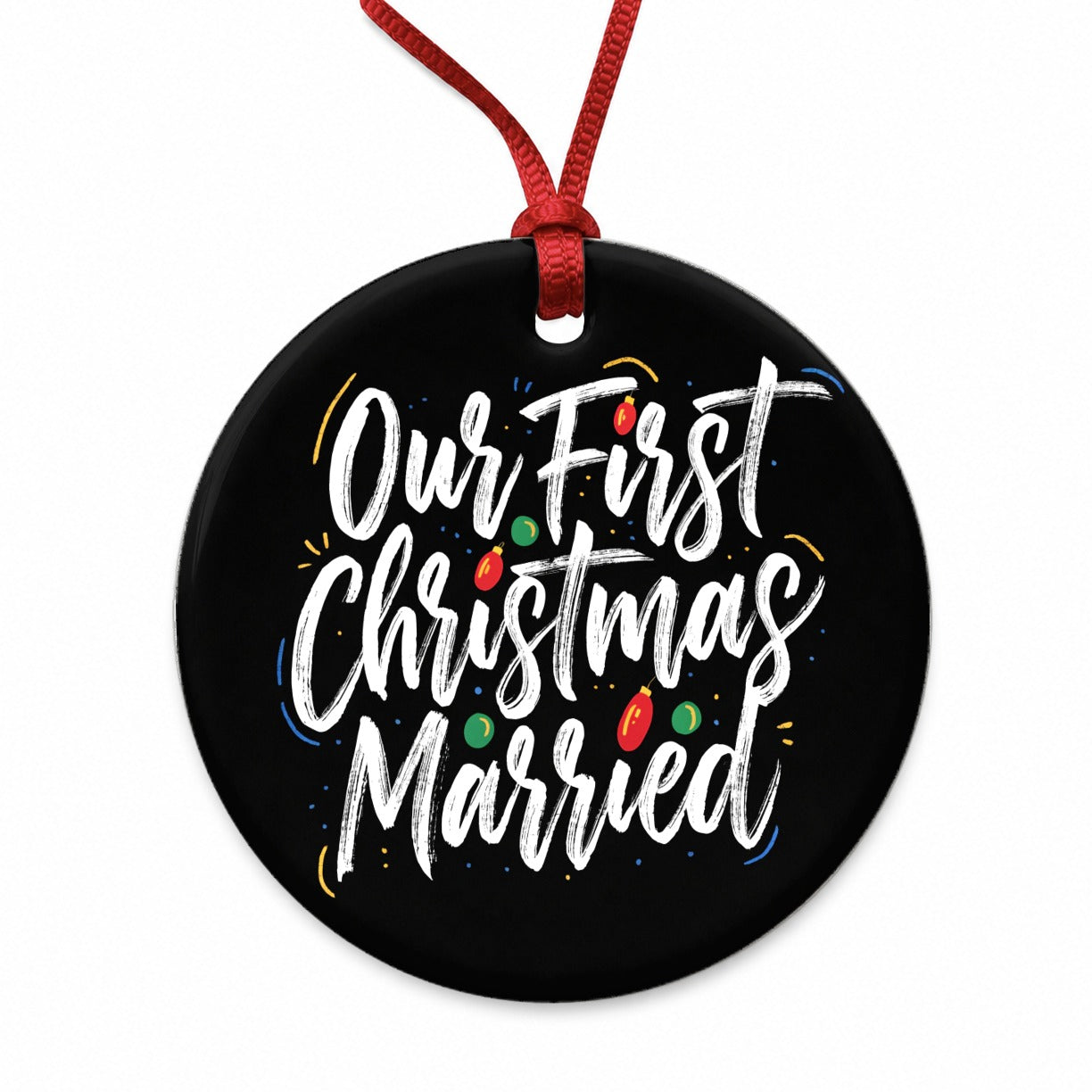First Christmas Married On Black Round Ceramic Holiday Christmas Tree Ornament