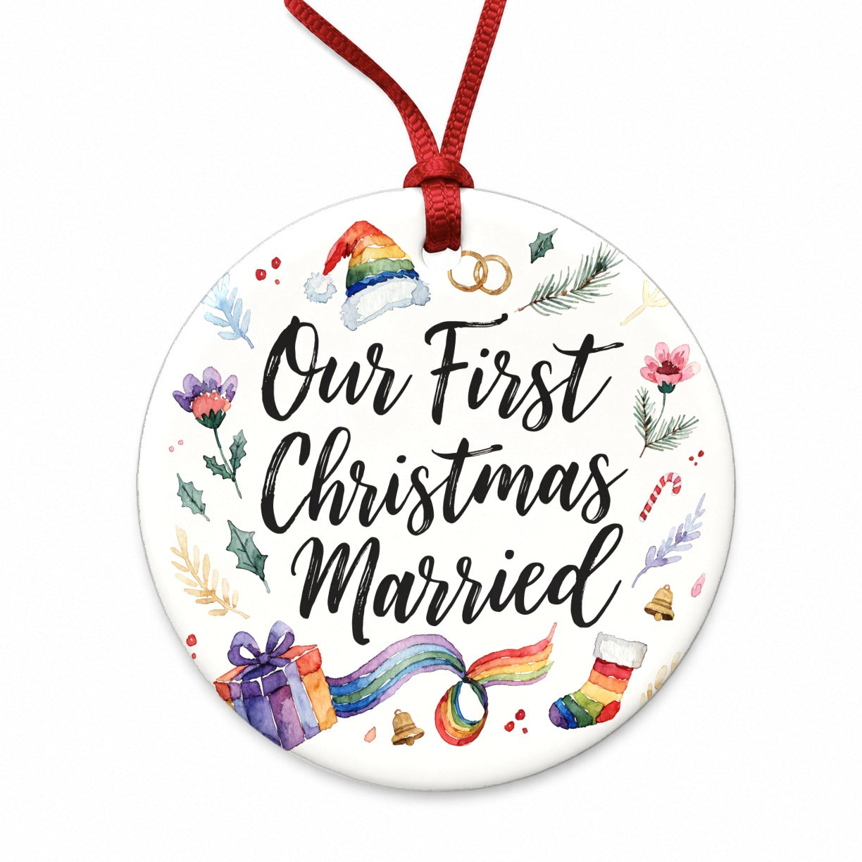 First Christmas Married Wedding Pride LGBTQ Round Ceramic Holiday Christmas Tree Ornament