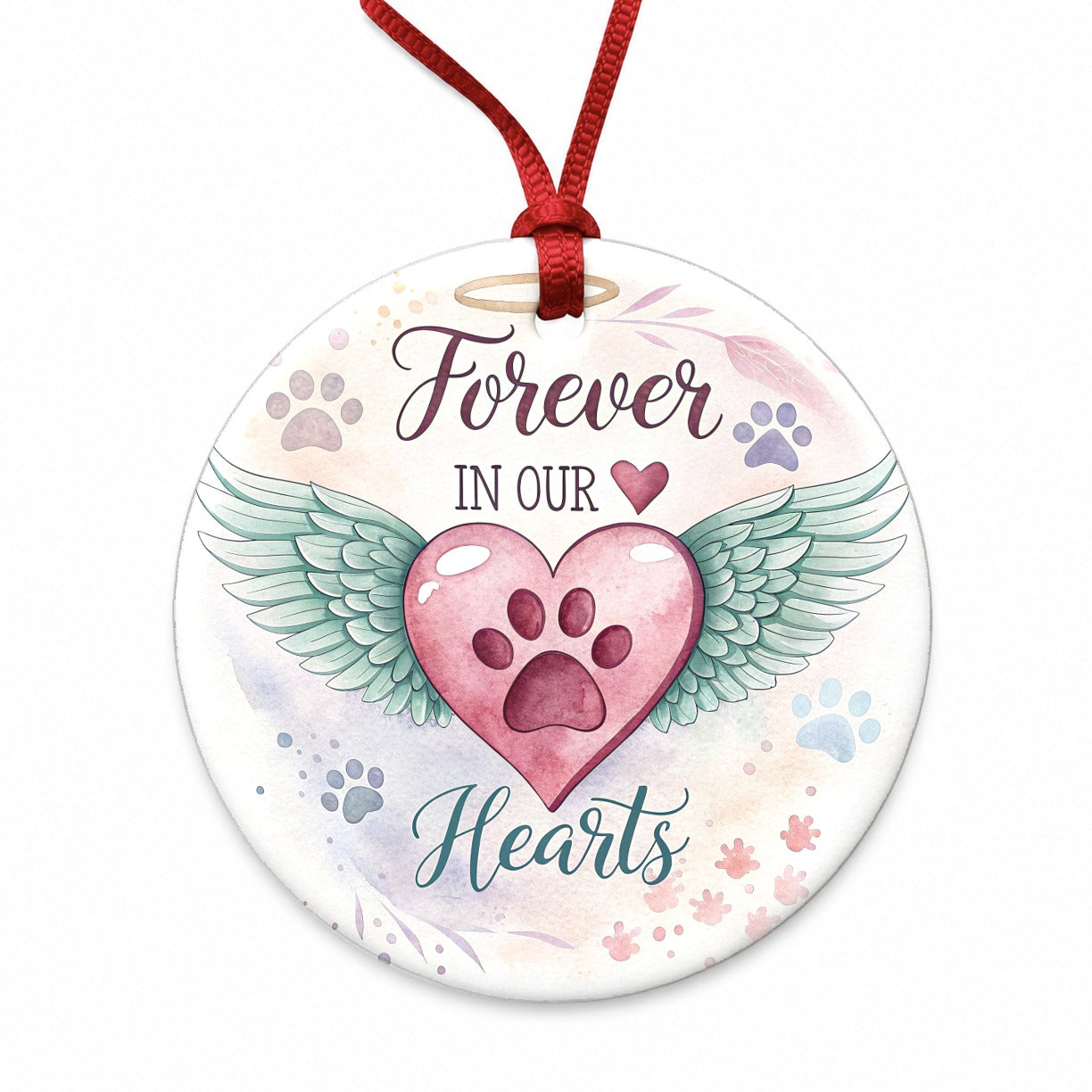 Forever In Our Hearts Paw Prints Dog Cat Round Ceramic Holiday Christmas Tree Ornament