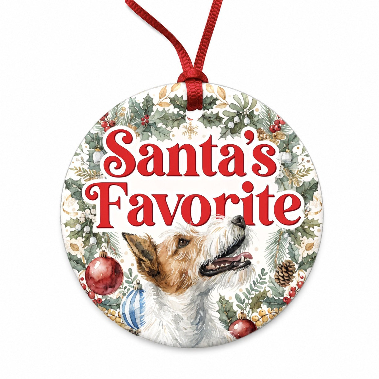 Fox Terrier Dog Christmas Santa's Favorite Round Ceramic Holiday Christmas Tree Ornament