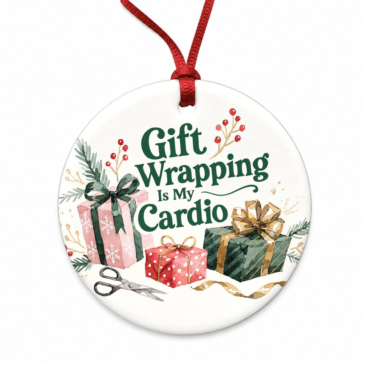 Gift Wrapping Is My Cardio Christmas Funny Round Ceramic Holiday Christmas Tree Ornament