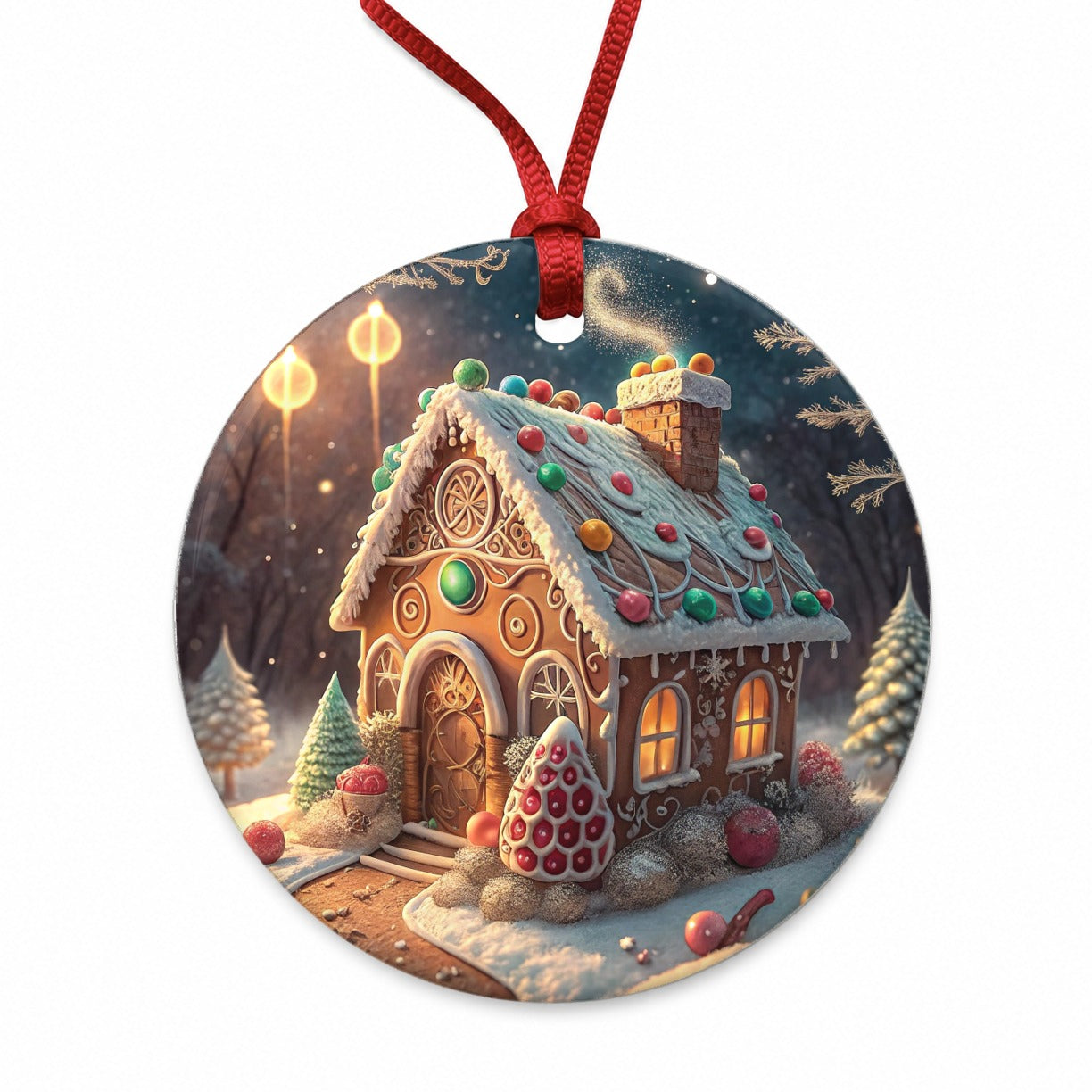 Gingerbread House Christmas Fancy Round Ceramic Holiday Christmas Tree Ornament