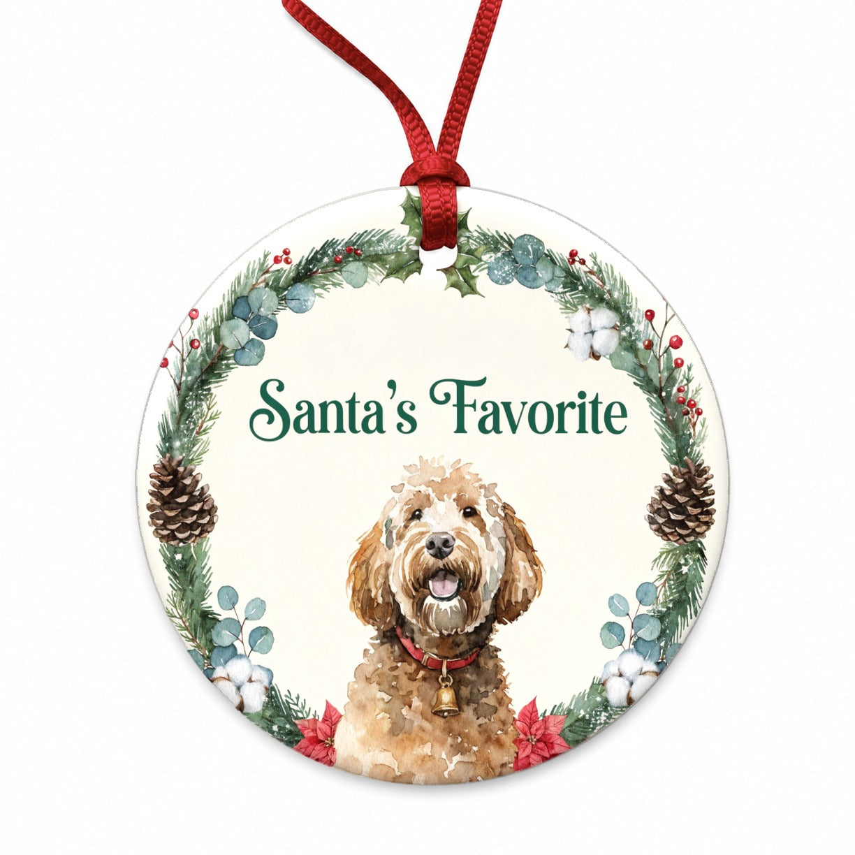 Goldendoodle Dog Christmas Santa's Favorite Round Ceramic Holiday Christmas Tree Ornament