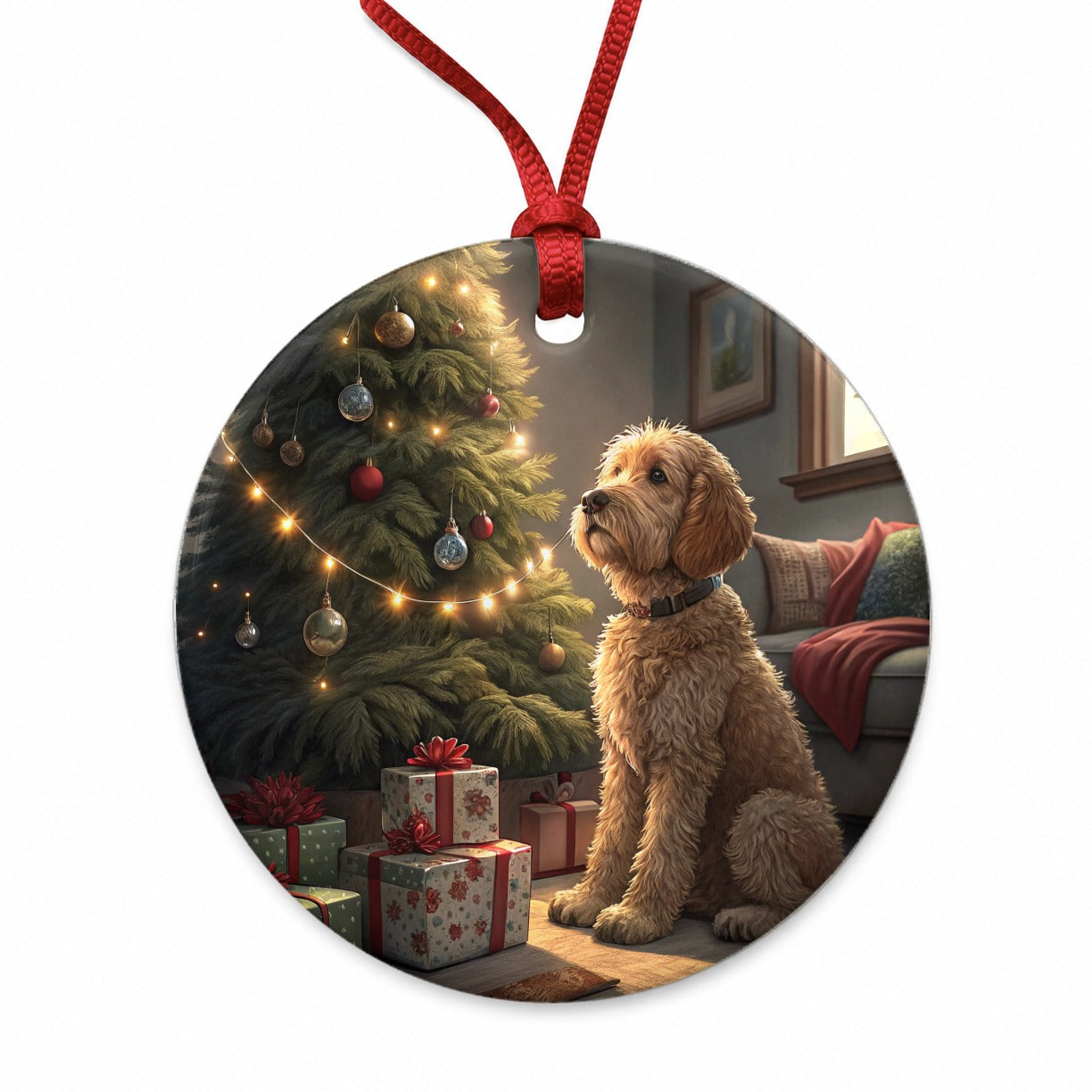 Goldendoodle Sitting Christmas Round Ceramic Holiday Christmas Tree Ornament