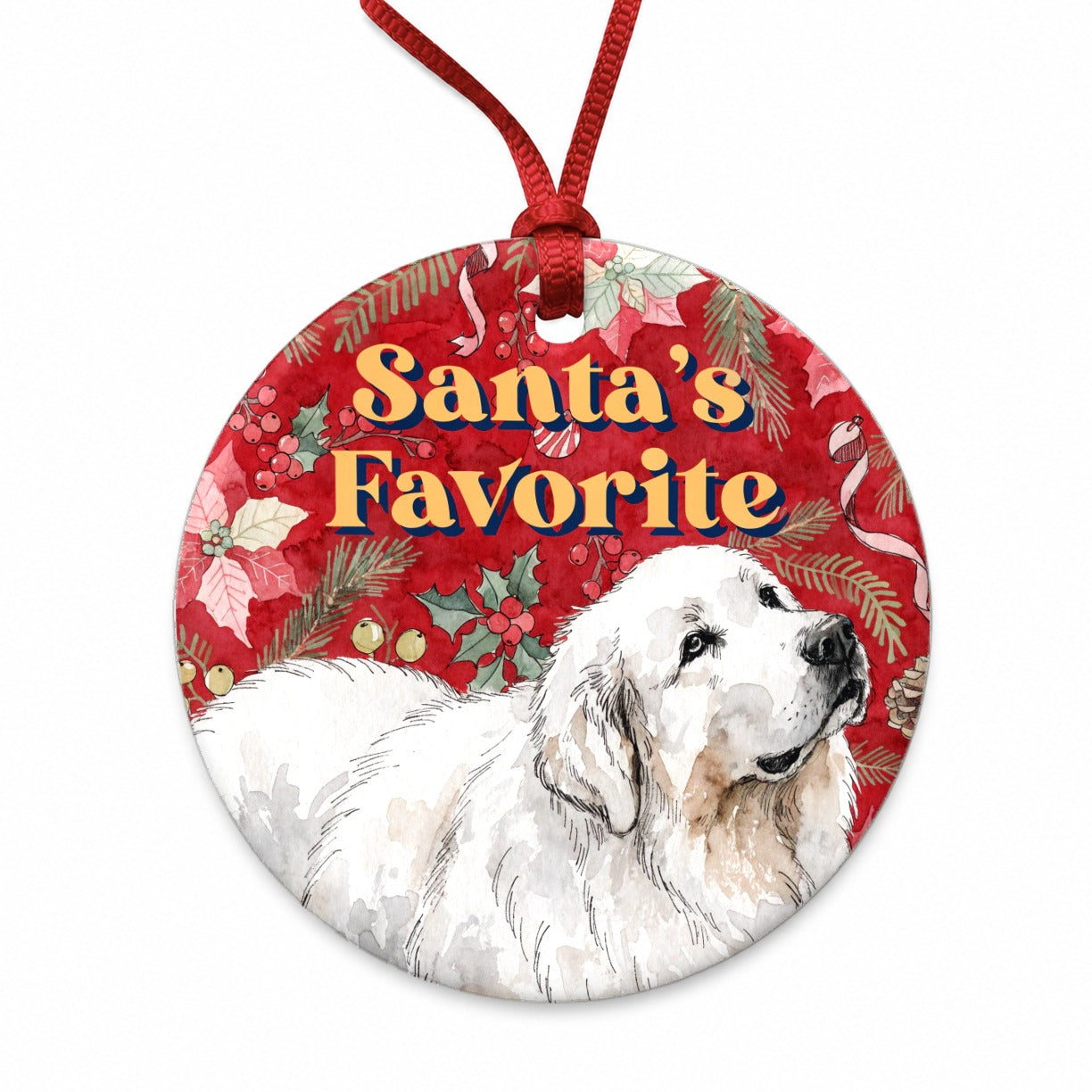 Great Pyrenees Dog Christmas Santa's Favorite Round Ceramic Holiday Christmas Tree Ornament