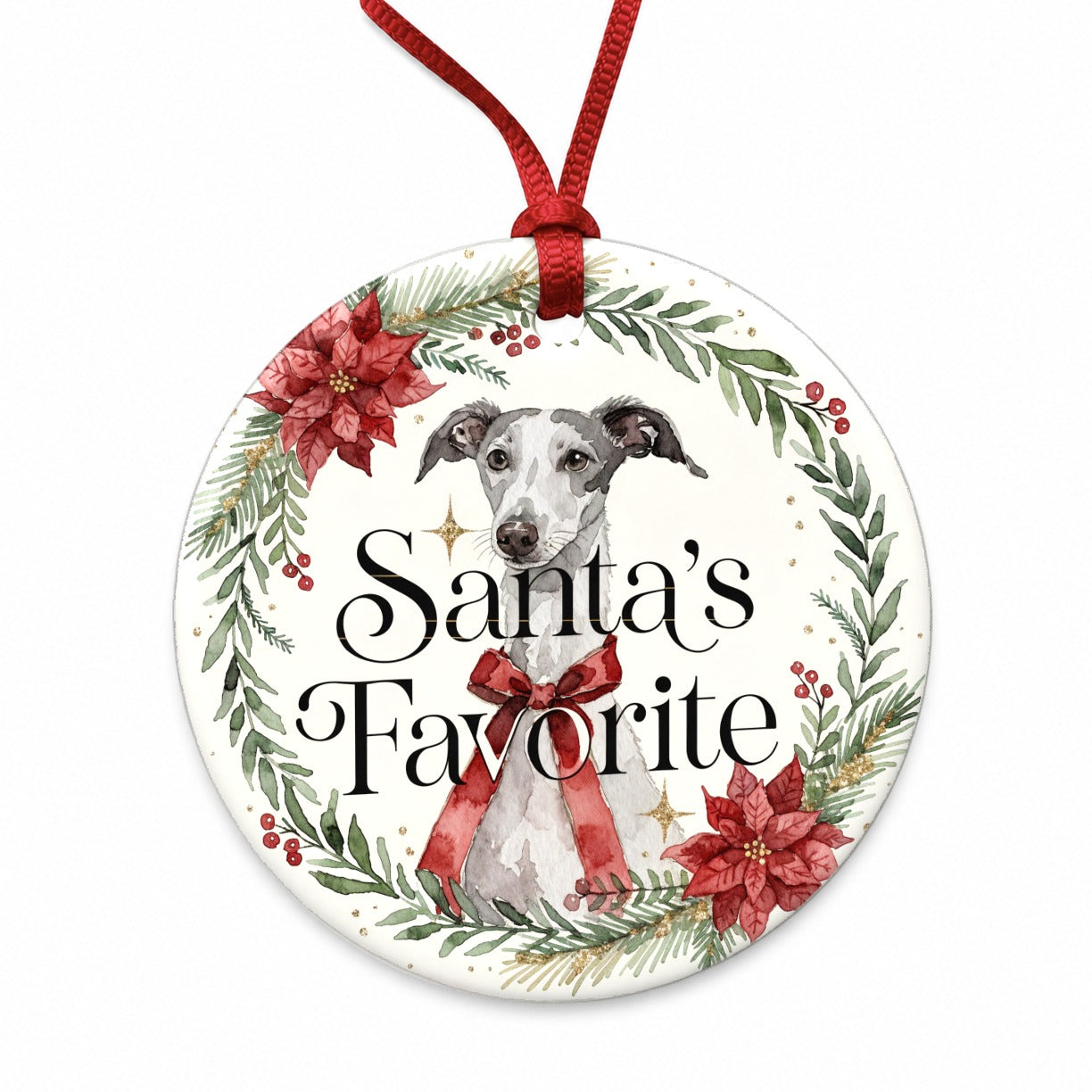 Greyhound Dog Christmas Santa's Favorite Round Ceramic Holiday Christmas Tree Ornament