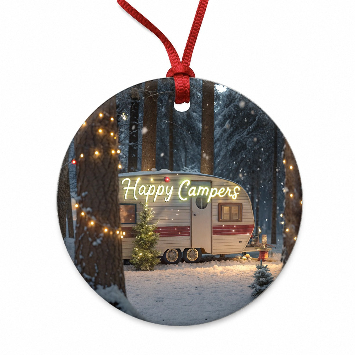 Happy Camper RV Vintage Christmas Round Ceramic Holiday Christmas Tree Ornament