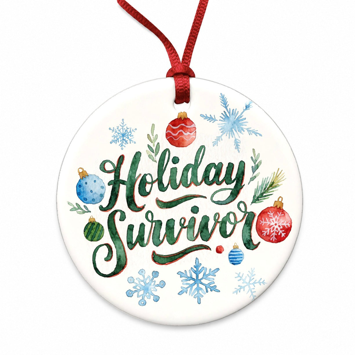 Holiday Survivor Christmas Green Script Round Ceramic Holiday Christmas Tree Ornament