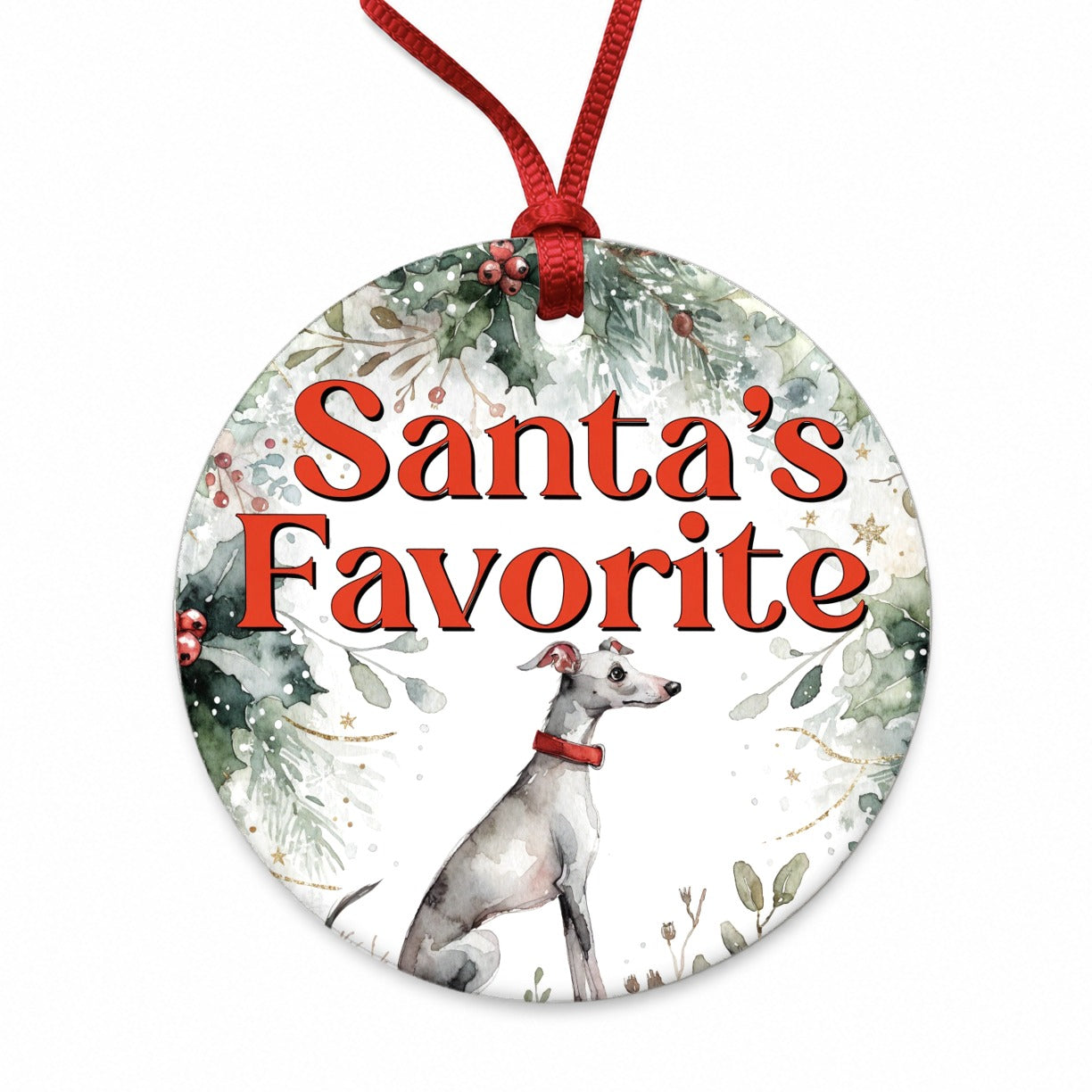Italian Greyhound Dog Christmas Santa's Favorite Round Ceramic Holiday Christmas Tree Ornament