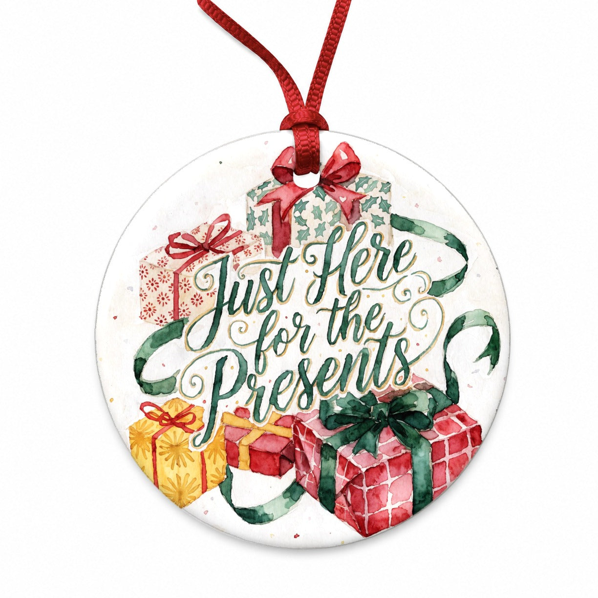Just Here For The Presents Christmas Funny Round Ceramic Holiday Christmas Tree Ornament