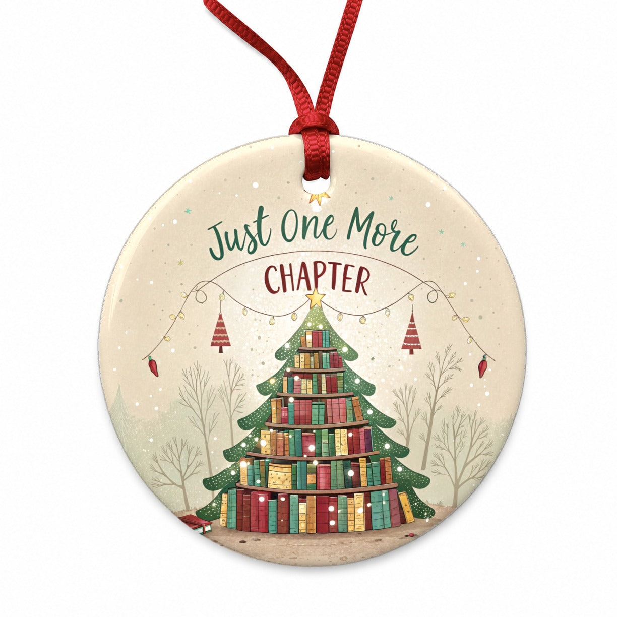 Just One More Chapter Christmas Books Round Ceramic Holiday Christmas Tree Ornament