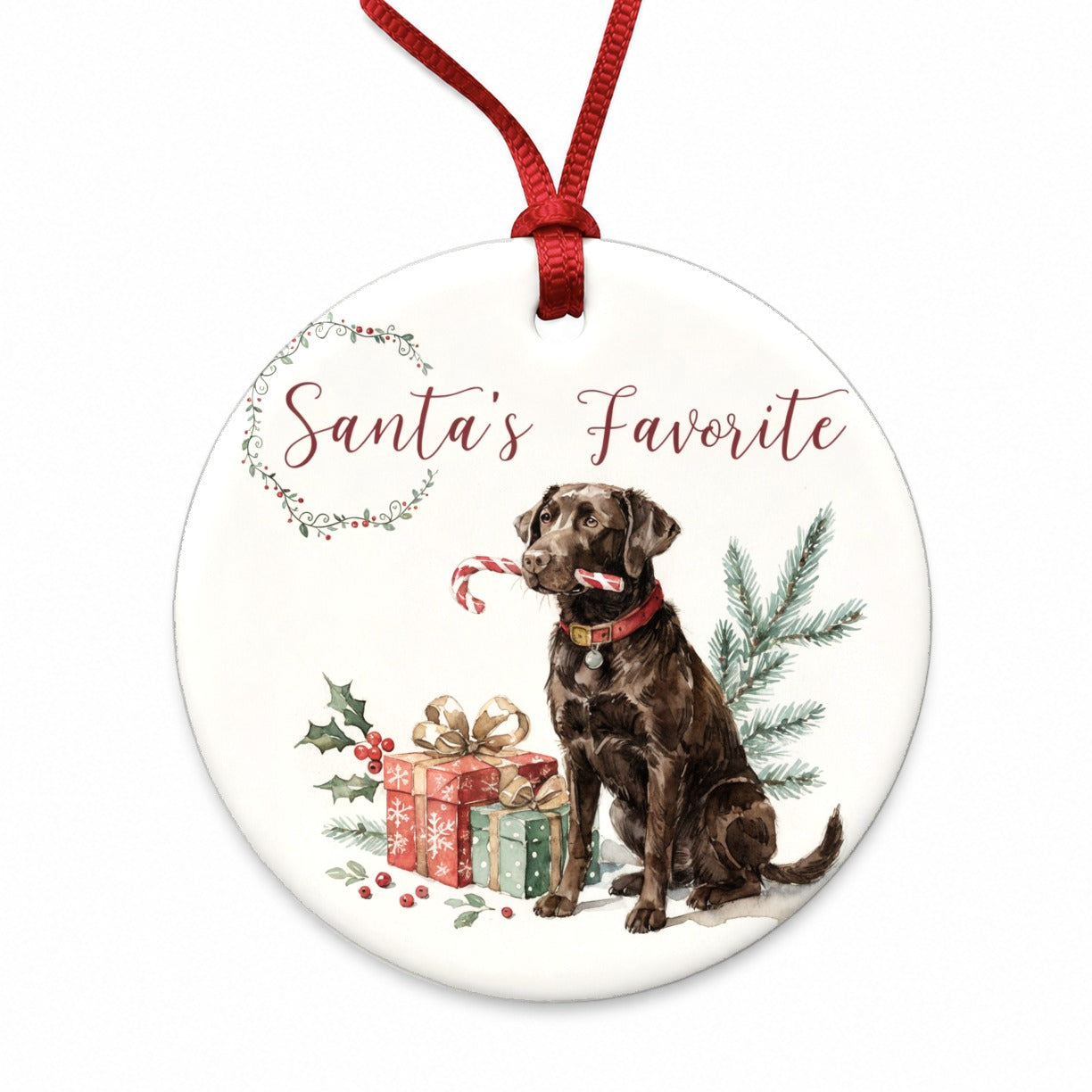 Labrador Retriever Dog Christmas Santa's Favorite Round Ceramic Holiday Christmas Tree Ornament