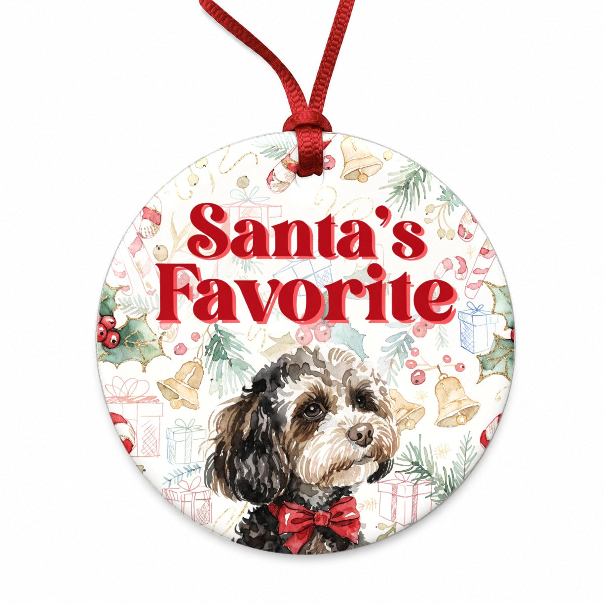 Maltipoo Dog Christmas Santa's Favorite Round Ceramic Holiday Christmas Tree Ornament
