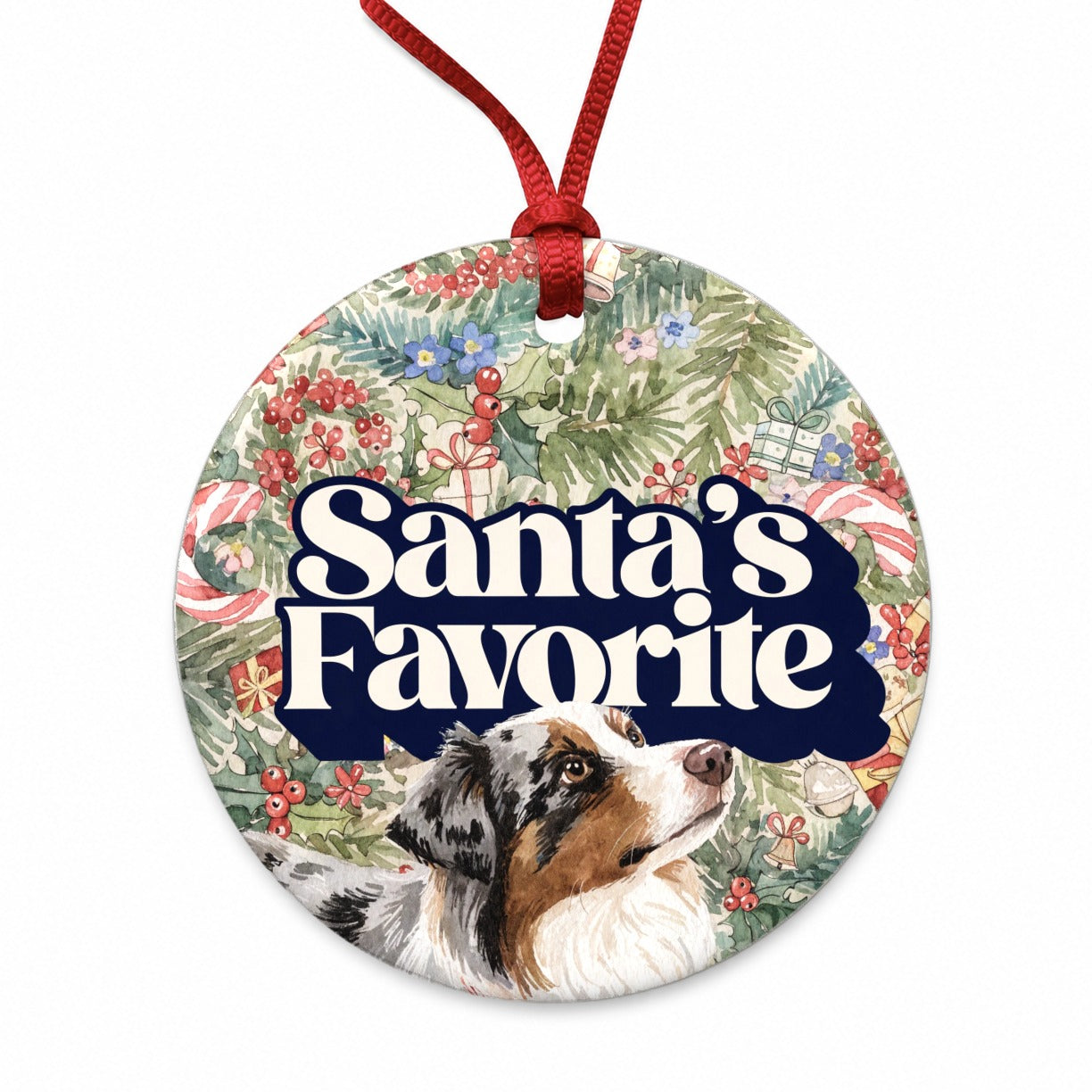 Miniature Australian Shepherd Mini Aussie Dog Christmas Santa's Favorite Round Ceramic Holiday Christmas Tree Ornament
