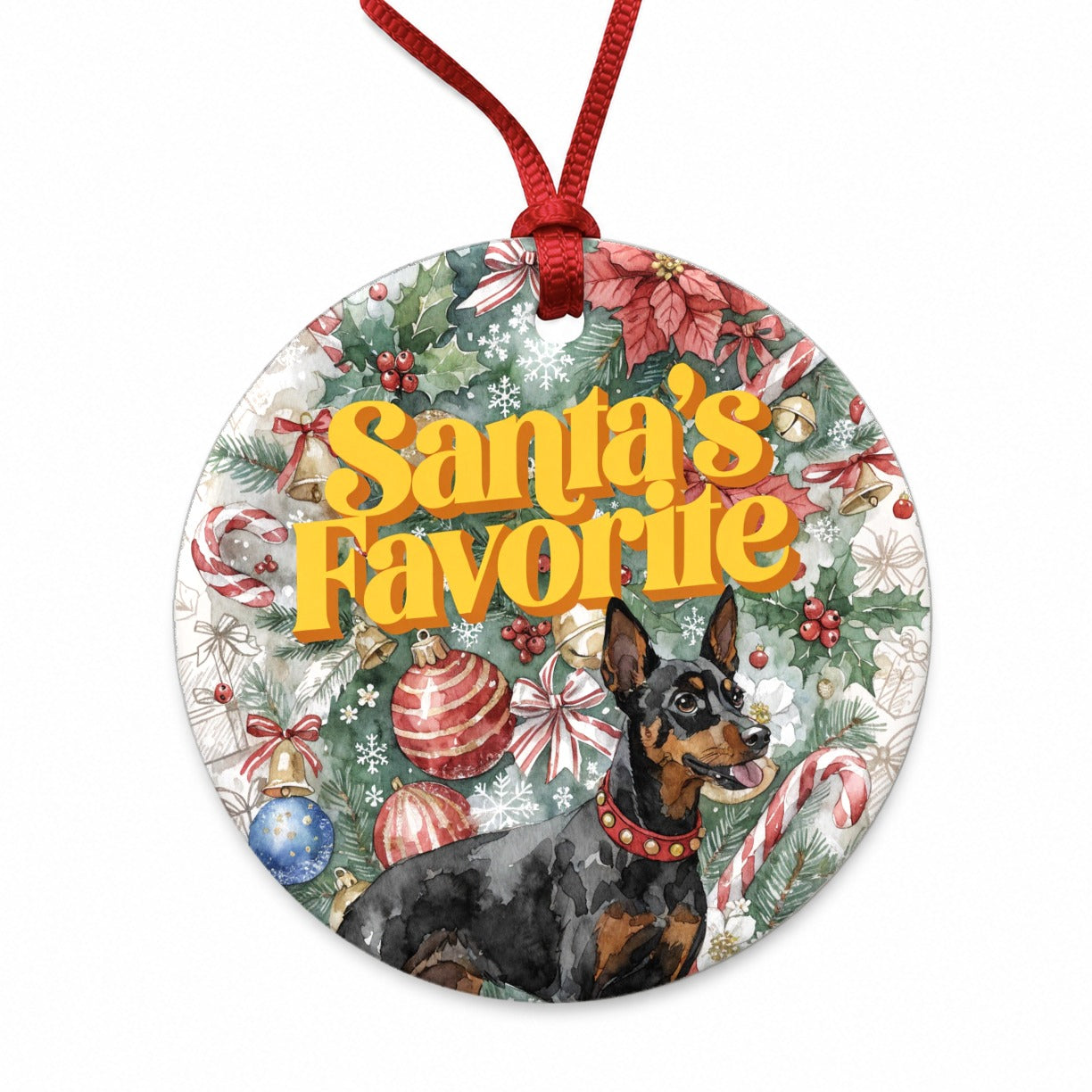 Miniature Pinscher Dog Christmas Santa's Favorite Round Ceramic Holiday Christmas Tree Ornament