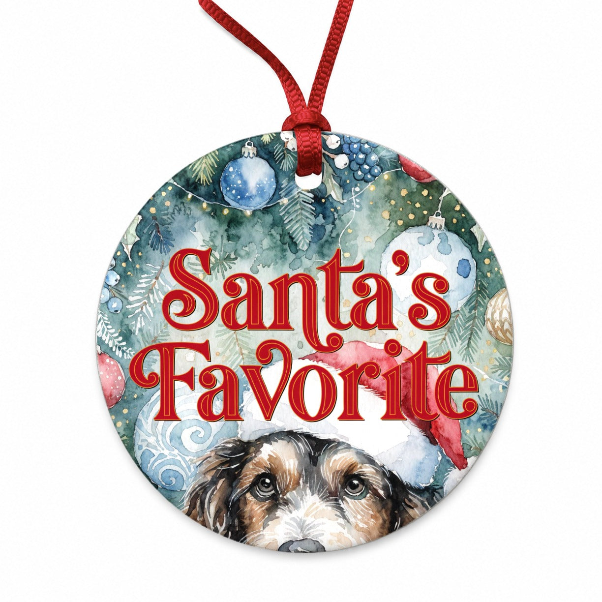 Mixed Breed Dog Christmas Santa's Favorite Round Ceramic Holiday Christmas Tree Ornament