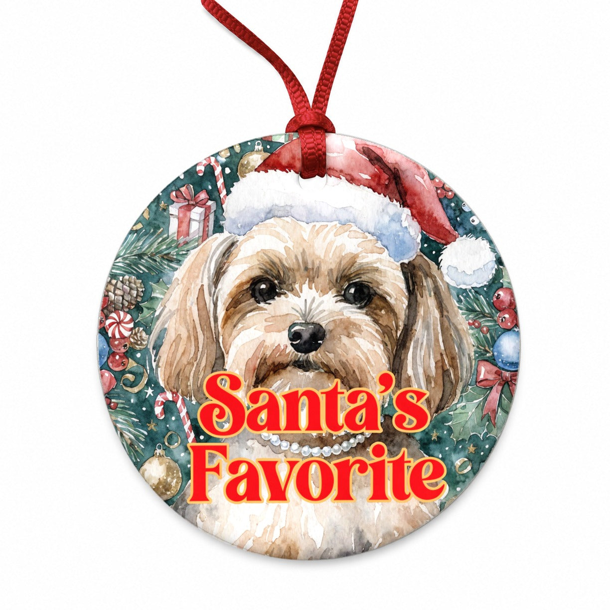 Morkie Dog Christmas Santa's Favorite Round Ceramic Holiday Christmas Tree Ornament