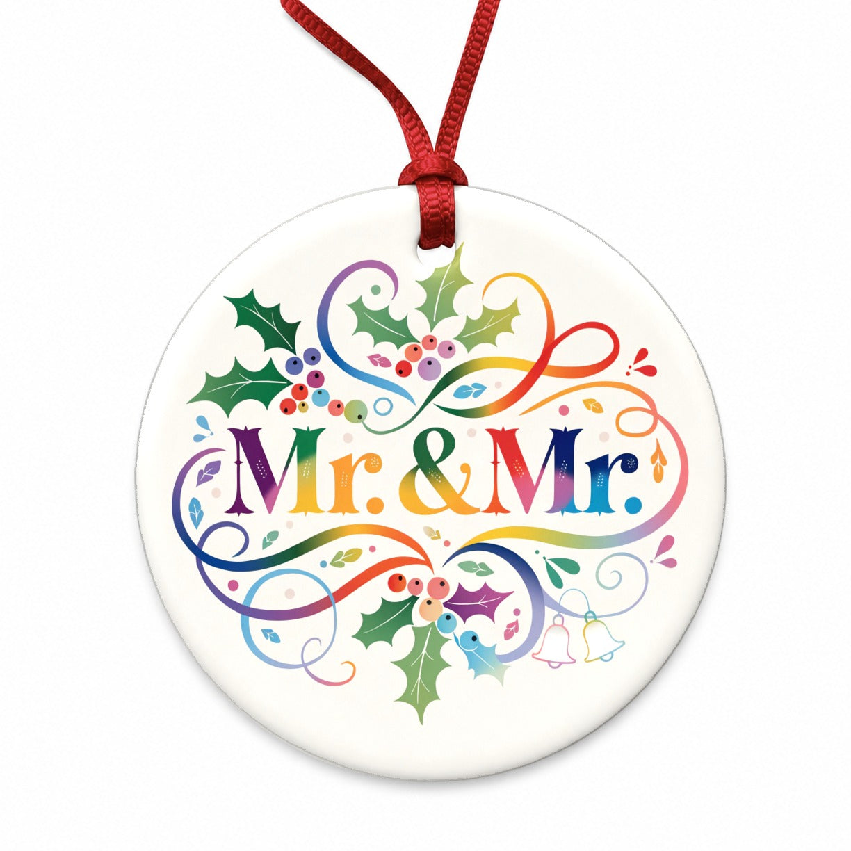 Mr and Mr Pride Gay Rainbow Christmas Elegant Round Ceramic Holiday Christmas Tree Ornament