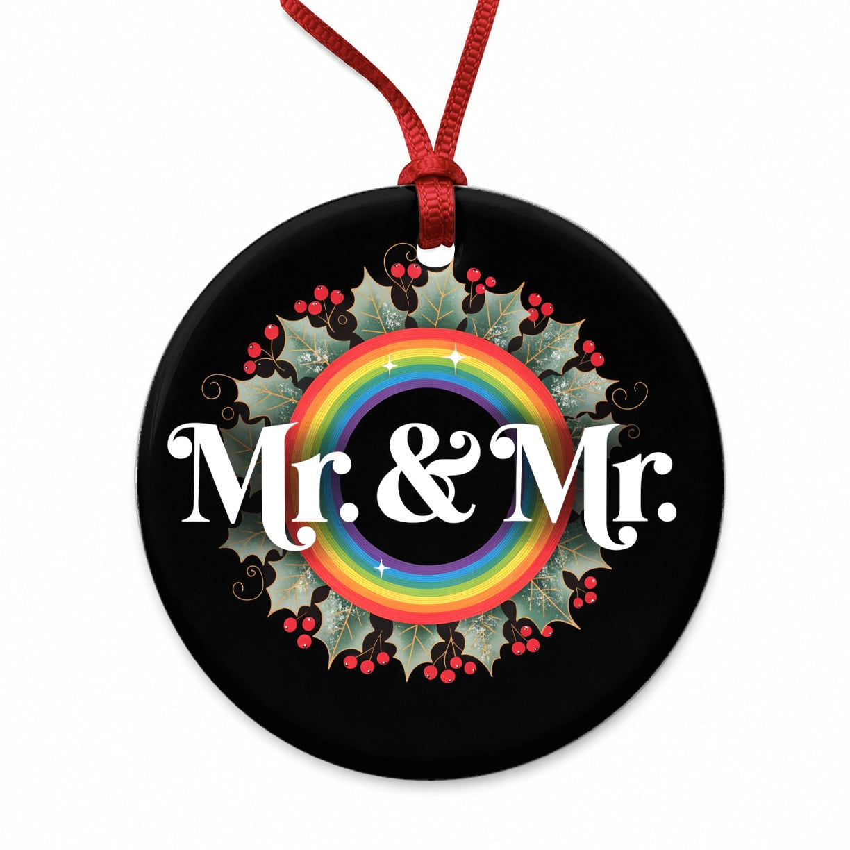 Mr and Mr Pride Gay Rainbow Christmas Wreath Round Ceramic Holiday Christmas Tree Ornament