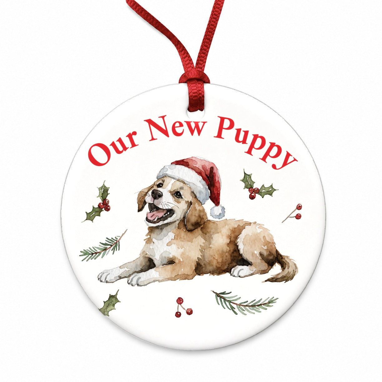 New Puppy Christmas Round Ceramic Holiday Christmas Tree Ornament